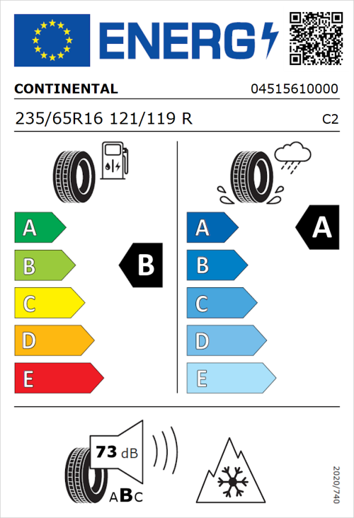 Tyre Label for Continental Vanco FourSeason 235/65R16 121/119R