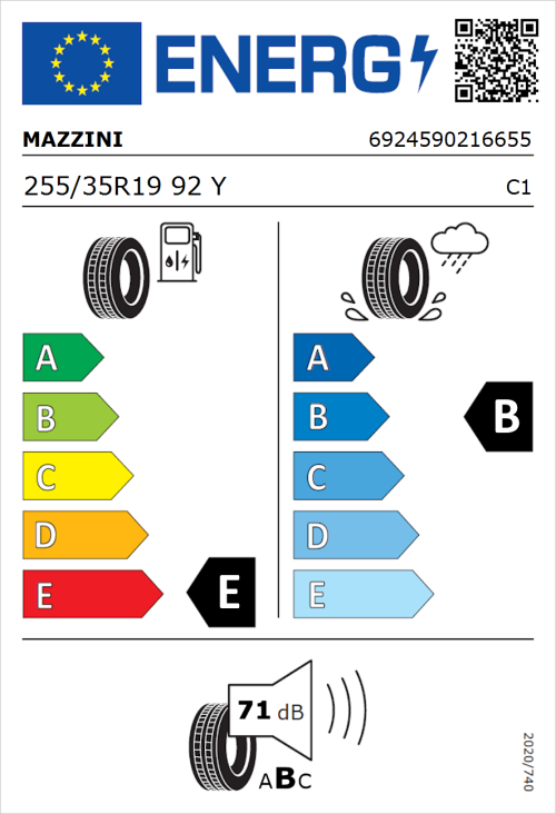Tyre Label for Mazzini Supersport Chaser 255/35R19 92Y