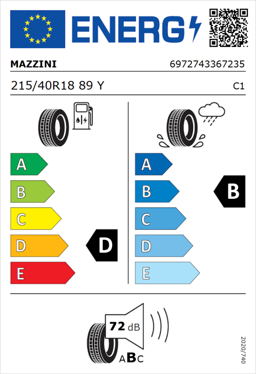Tyre Label for Mazzini Eco 602 215/40R18 89Y