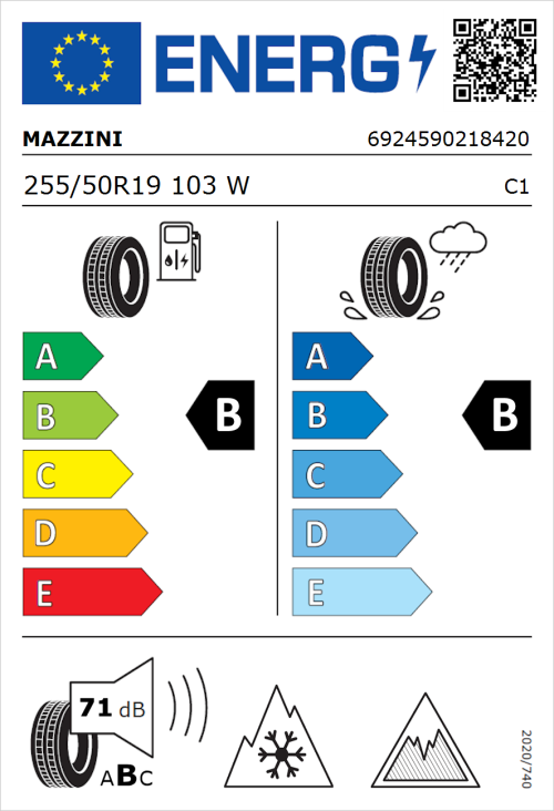 Tyre Label for Mazzini Versat-AS8 255/50R19 103W