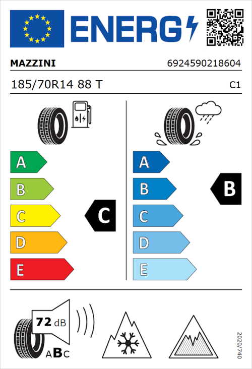 Tyre Label for Mazzini Versat-AS8 185/70R14 88T