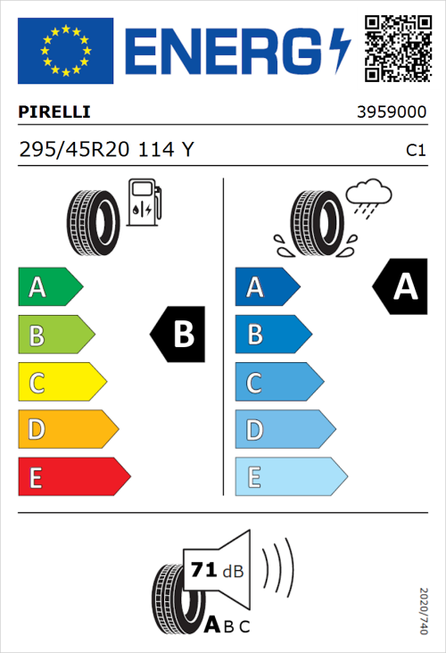Tyre Label for Pirelli P Zero (PZ4) Sport Car 295/45R20 114Y