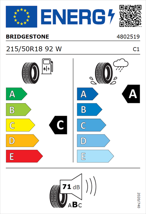 Tyre Label for Bridgestone Turanza T001 215/50R18 92W
