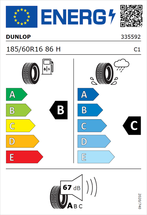 Tyre Label for Dunlop Enasave EC300+ 185/60R16 86H